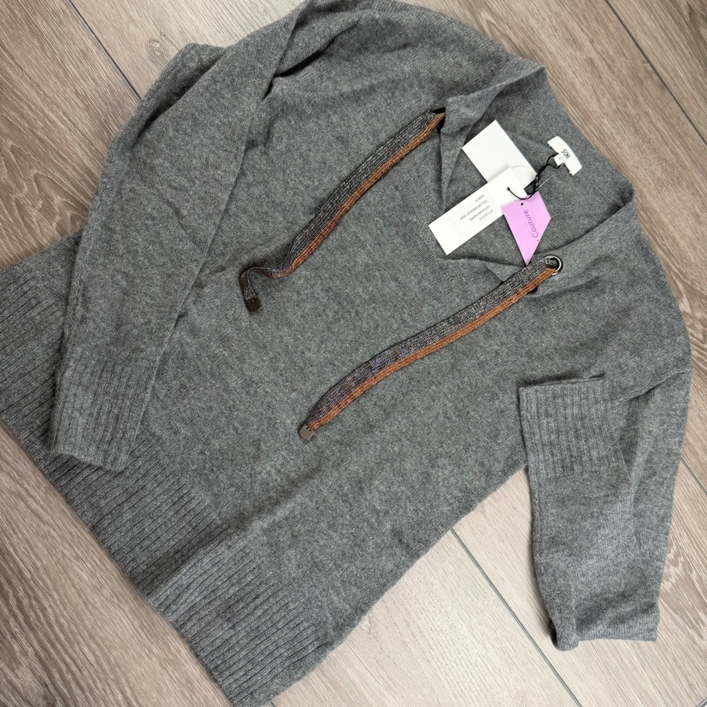 SOH Women Sweater 100% Cashmere V-Neck Hoodie Smokey Ash Gray Size P